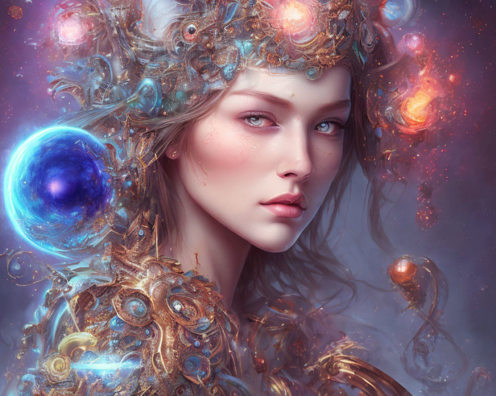 Fantasy Artwork: Woman in Cosmic Headgear and Golden Armor Against Nebula Backdrop