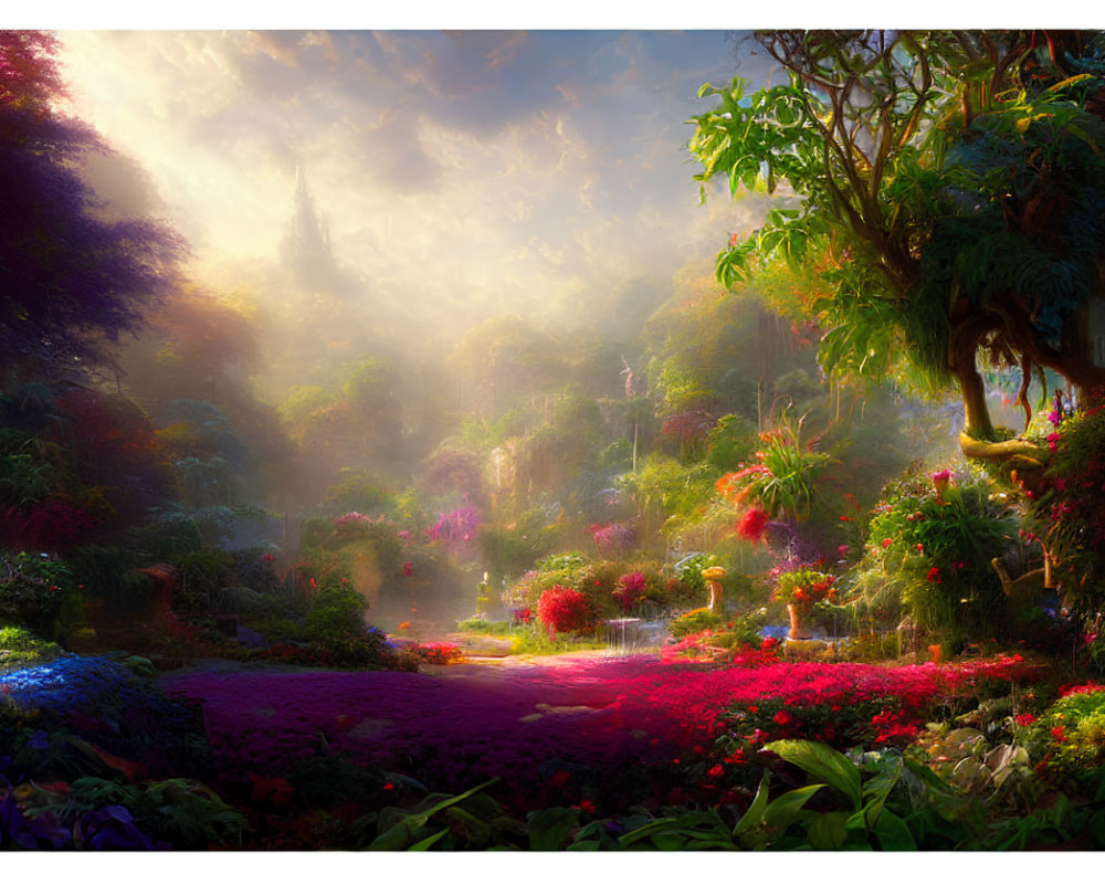 Enchanting garden with vibrant flowers, misty ambiance, sunlight, greenery, distant castle