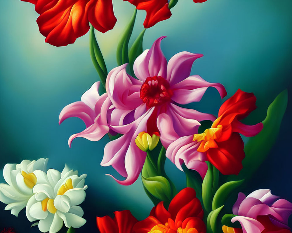 Colorful Floral Painting with Pink Lilies and Red Tulips