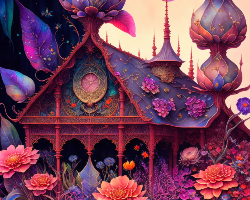 Whimsical house illustration with vibrant flowers and fantasy architecture