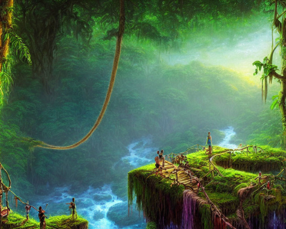 Vibrant jungle scene with people on cliff edge overlooking waterfalls