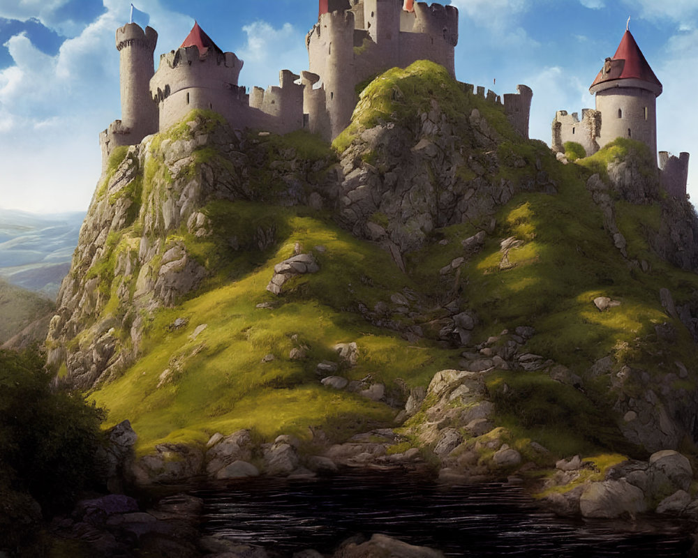 Castle with Multiple Towers on Rocky Hill Overlooking Water Body