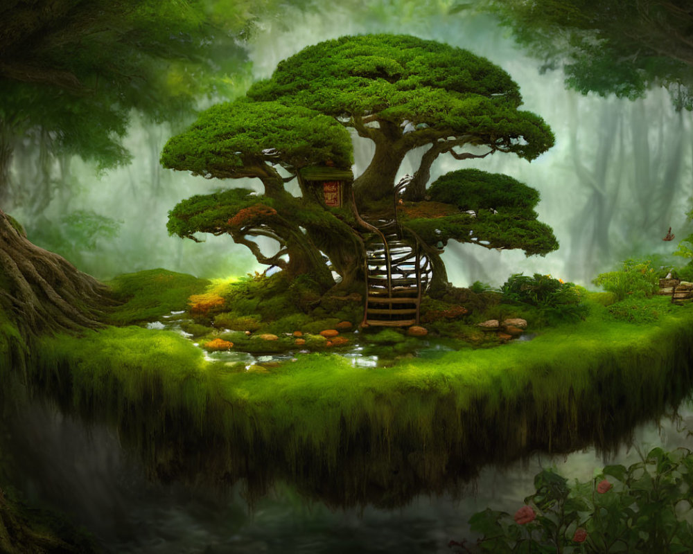 Mystical green island with ancient tree and treehouse in foggy forest