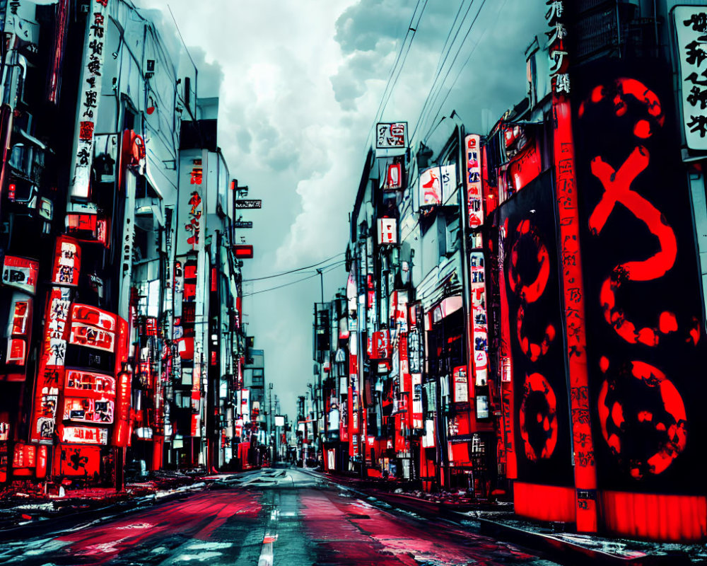 Deserted urban street with Japanese signs under cloudy sky