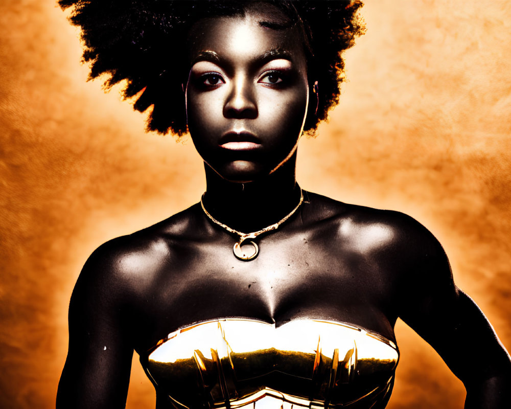 Portrait of woman with afro in gold jewelry and top on orange background