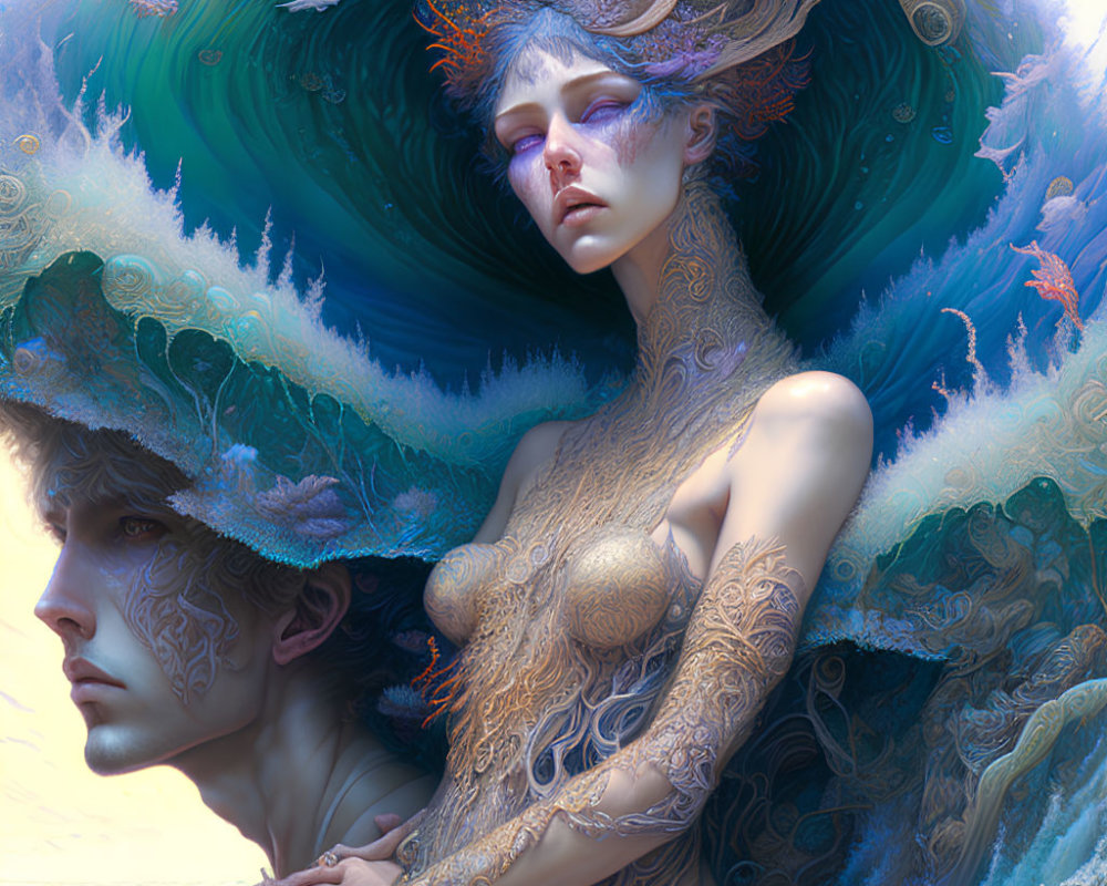 Fantasy Artwork: Two Figures with Oceanic Headpieces and Tattoos