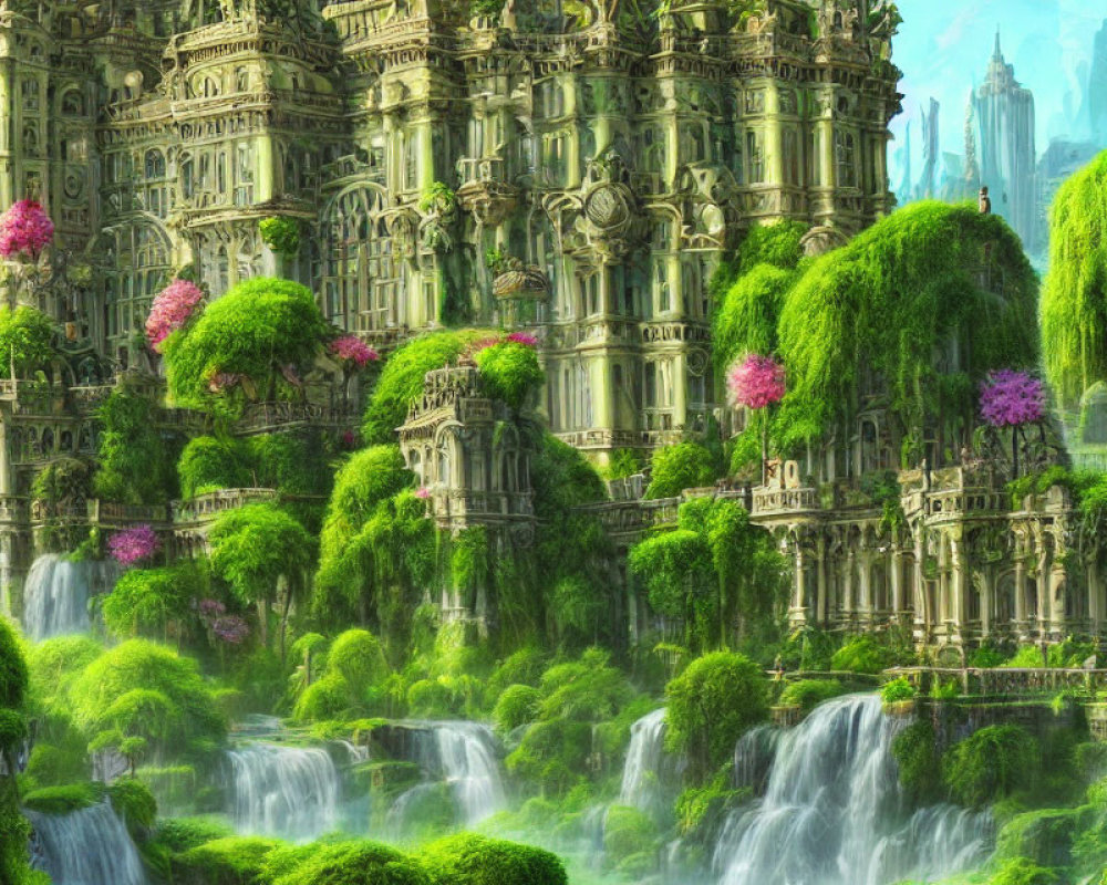 Fantasy landscape with waterfalls, ruins, pink foliage, & ancient architecture