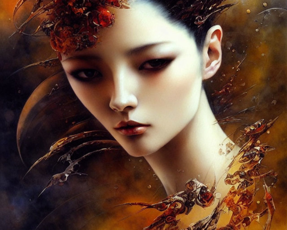 Fantasy portrait of woman with ornate headdress and autumn swirls