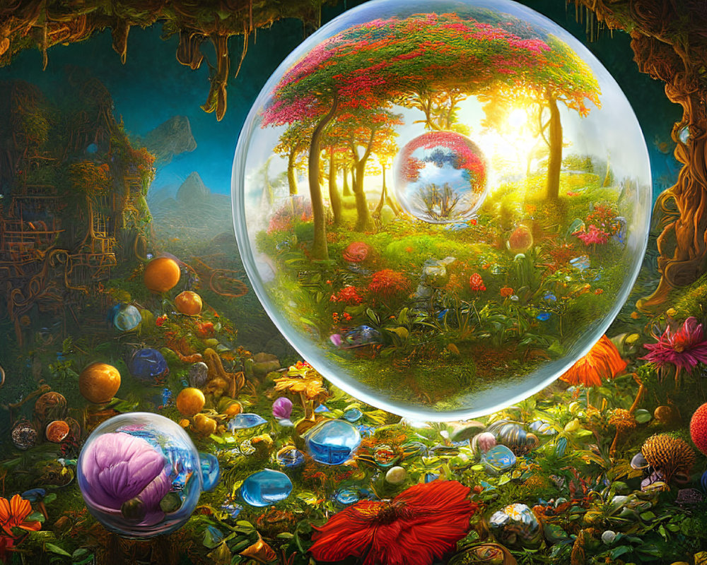 Surreal landscape with floating spheres and lush flora at twilight