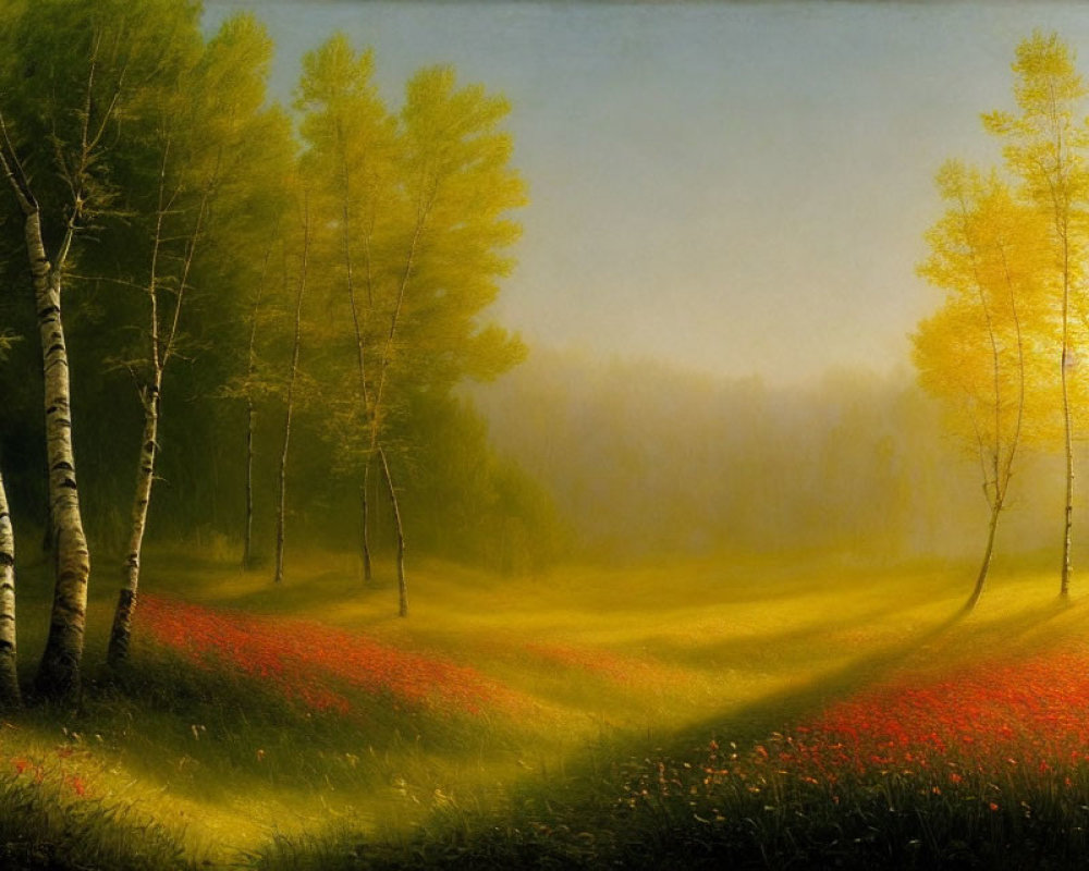 Tranquil landscape with sunlit meadow, red flowers, birch trees, golden sky