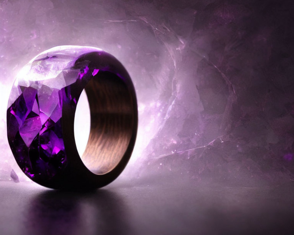 Purple Gemstone Ring on Wide Wooden Band Against Moody Background