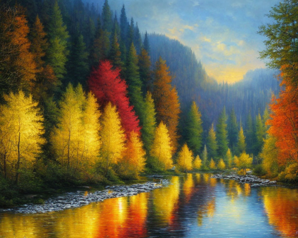 Vibrant autumn forest by tranquil river under soft light