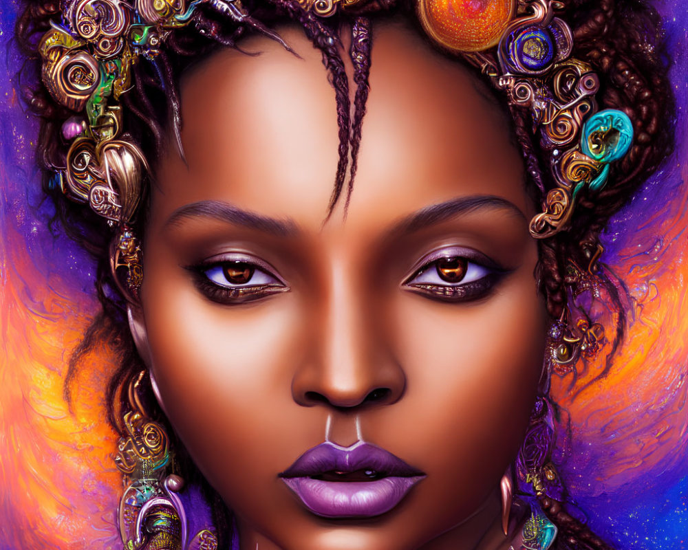 Colorful artwork featuring woman with beaded hair and purple lips on cosmic backdrop