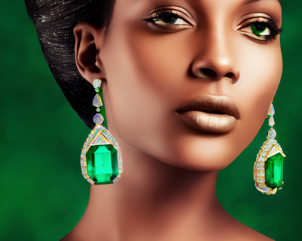 Striking woman portrait with large green gemstone earrings