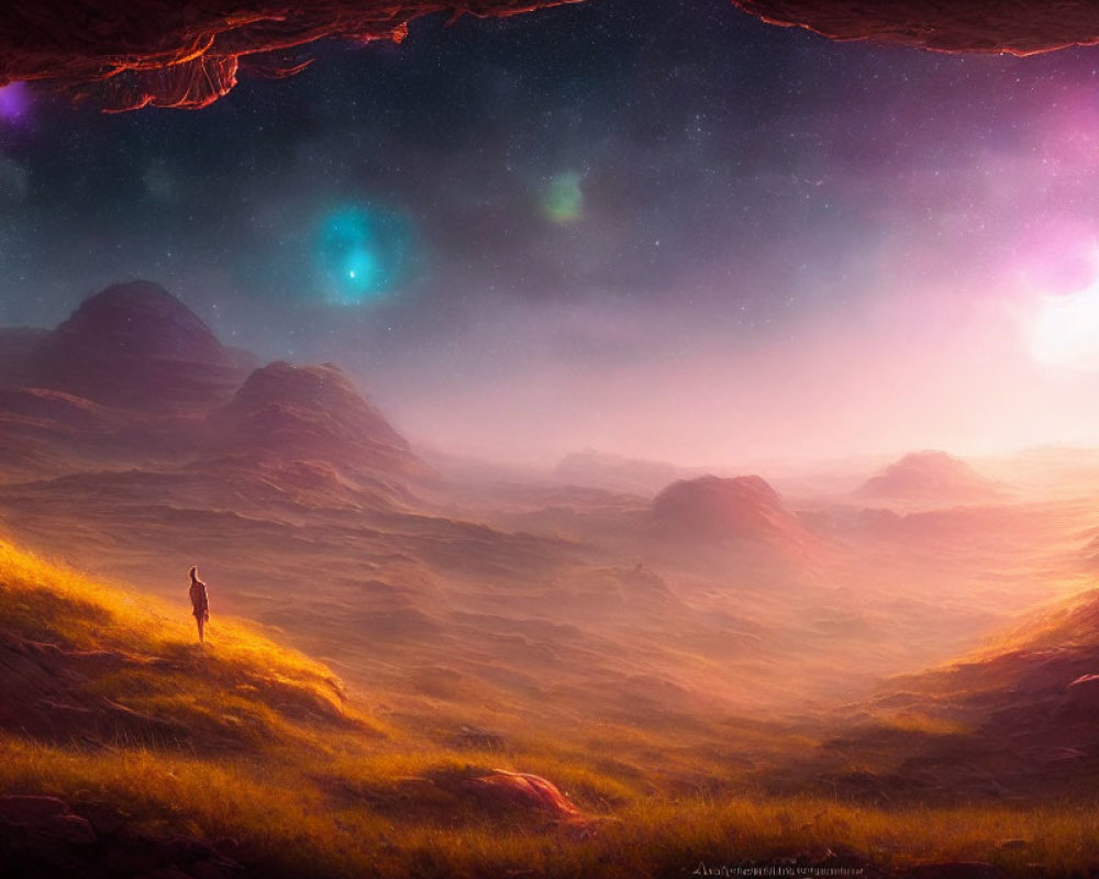 Person gazing at dreamy celestial landscape from cave entrance