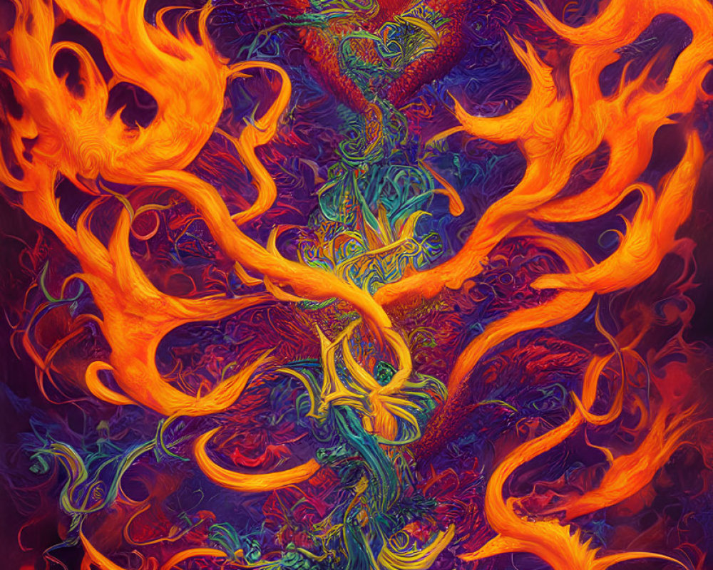 Abstract fiery red and orange phoenix-inspired artwork with ornate wings