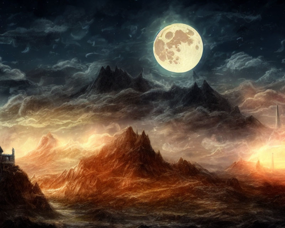 Nighttime fantasy landscape with full moon, fiery mountains, and castle silhouette.