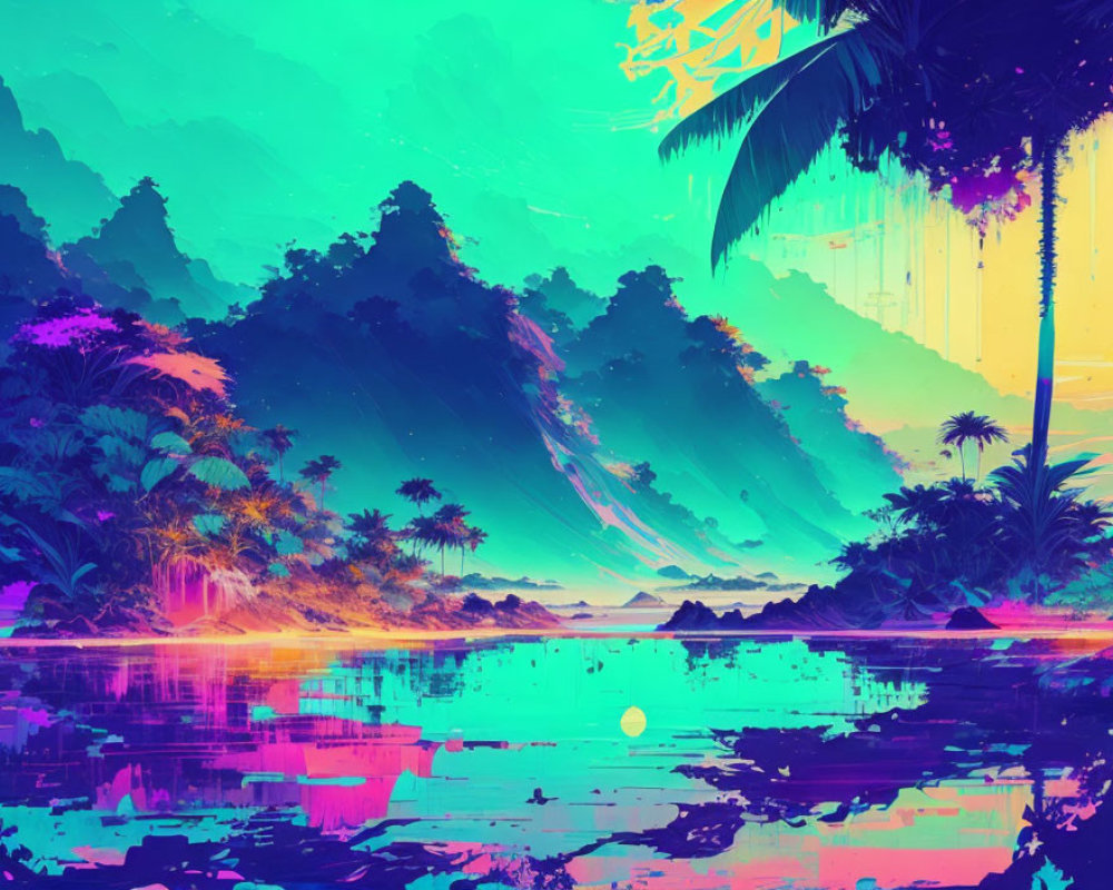 Neon-lit tropical sunset scene with palm trees, mountains, and vibrant colors