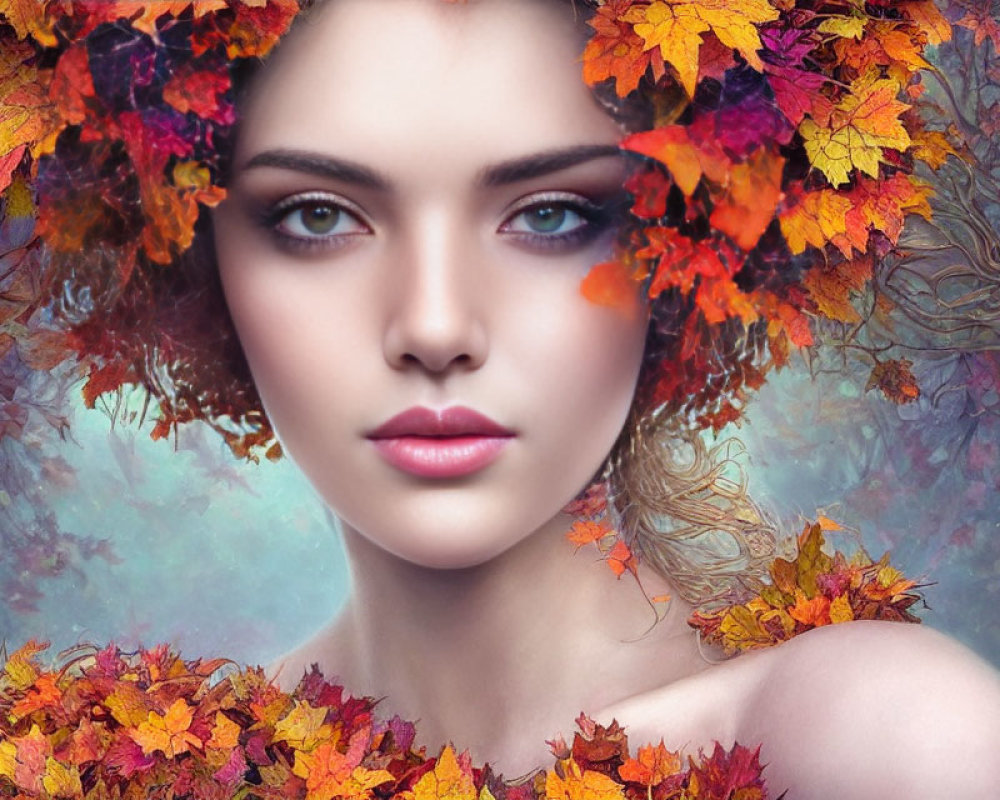 Woman with Blue Eyes in Autumn Leaf Headdress and Collar in Forest