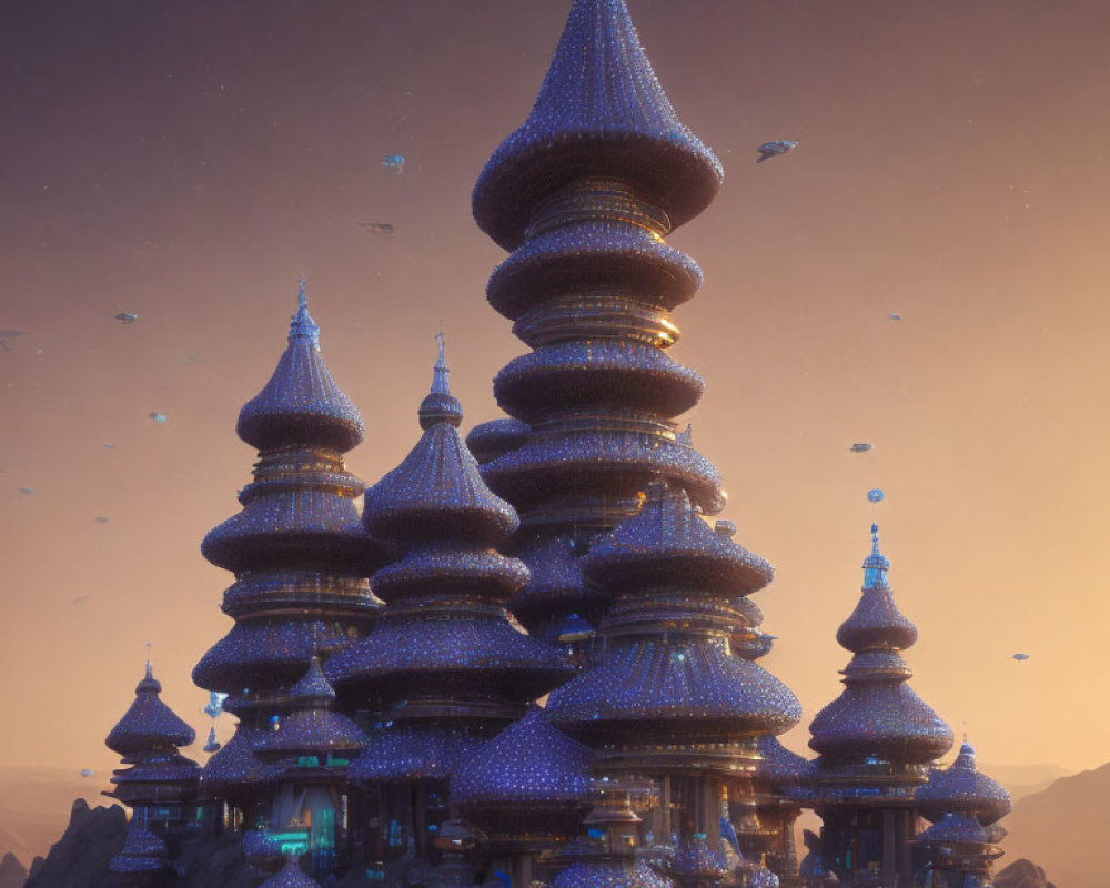 Fantasy structure with onion-shaped domes against twilight sky