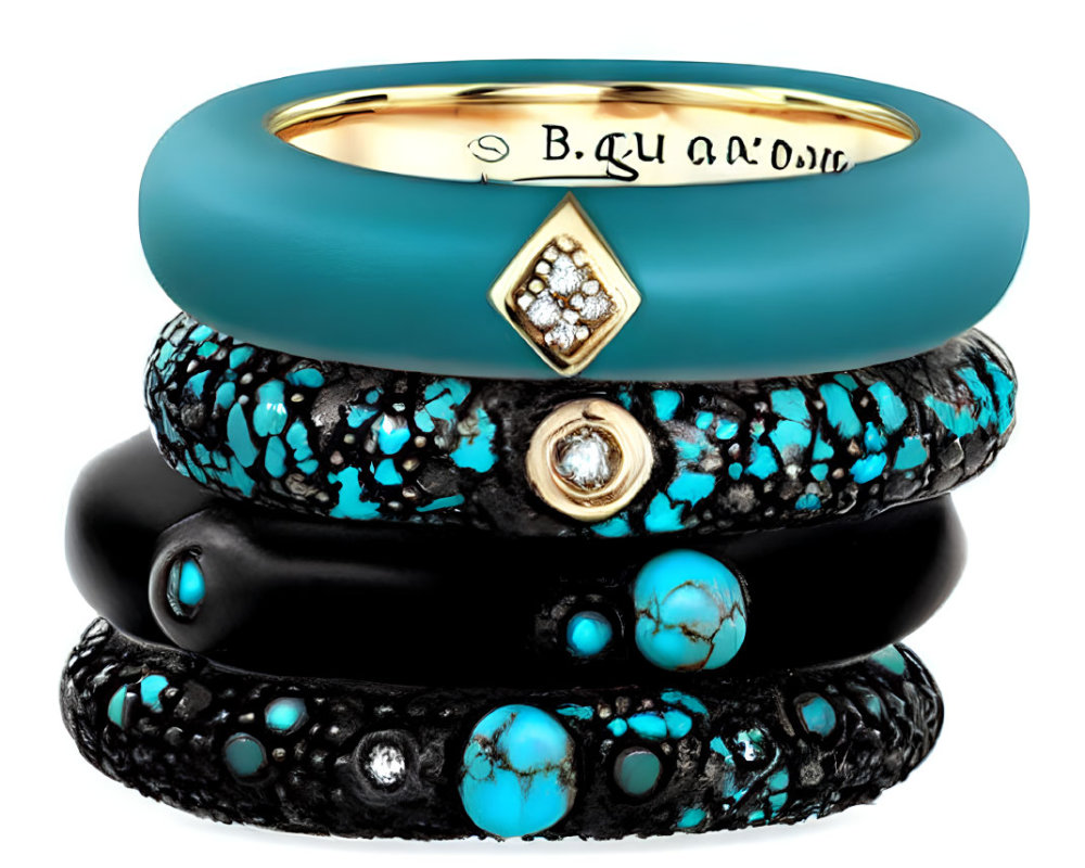 Four Stylish Rings: Turquoise, Embossed Black & Gold with Stones, Plain Gold