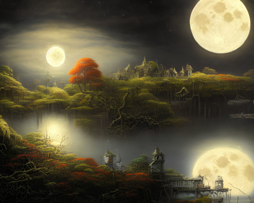 Tranquil night landscape with three moons, castle, lake reflections, and sailing boat