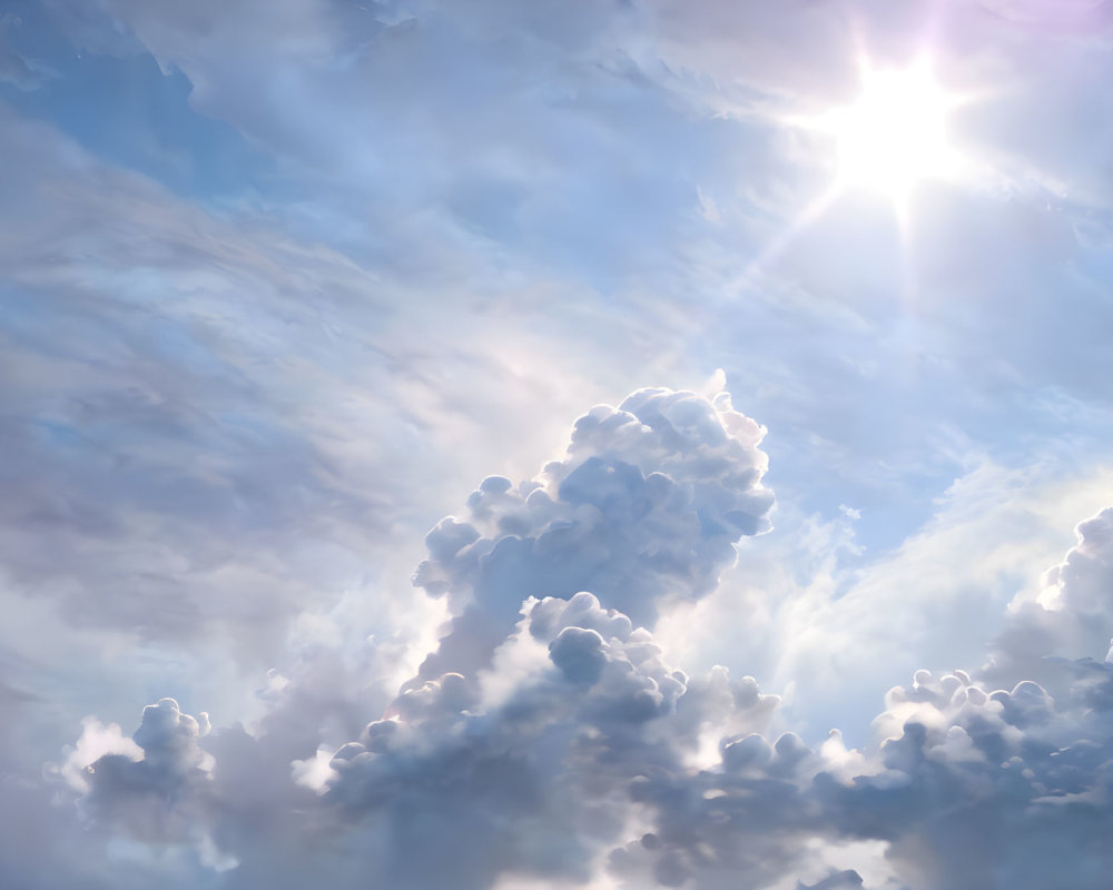 Bright sun illuminating fluffy cumulus clouds in soft blue sky