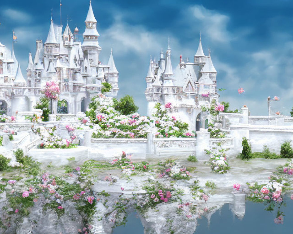 Fantastical Floating Castle Amid Pink Flowers and Cloudy Sky