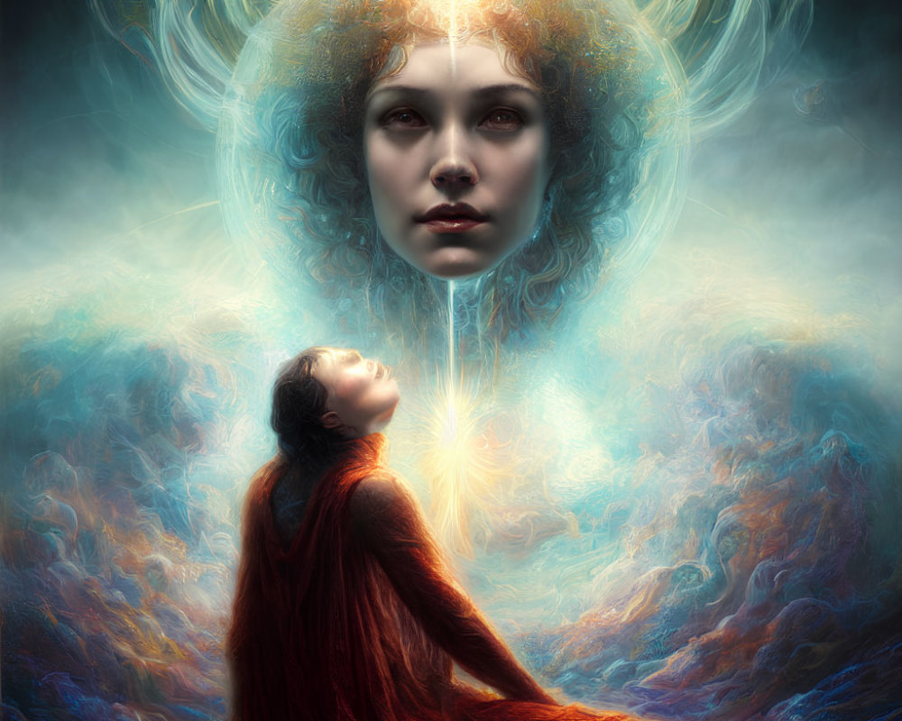 Woman in Red Cloak Kneeling to Celestial Face with Halo