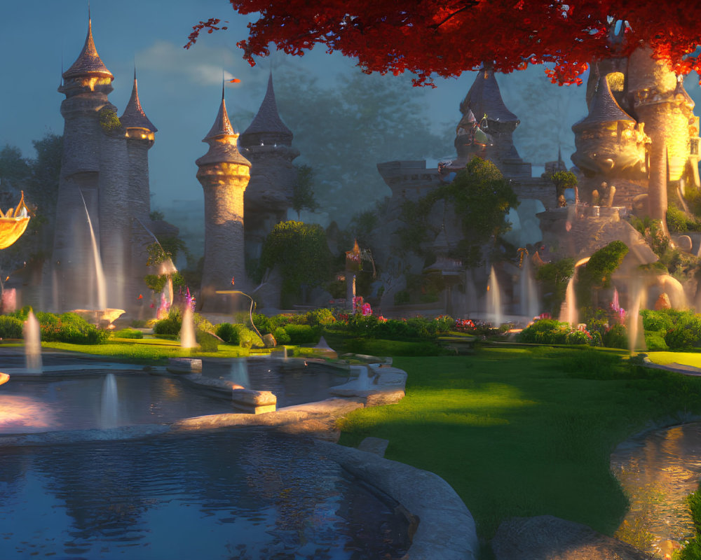 Fantasy castle at sunset with glowing lights, water fountains, lush gardens, tranquil waters, and