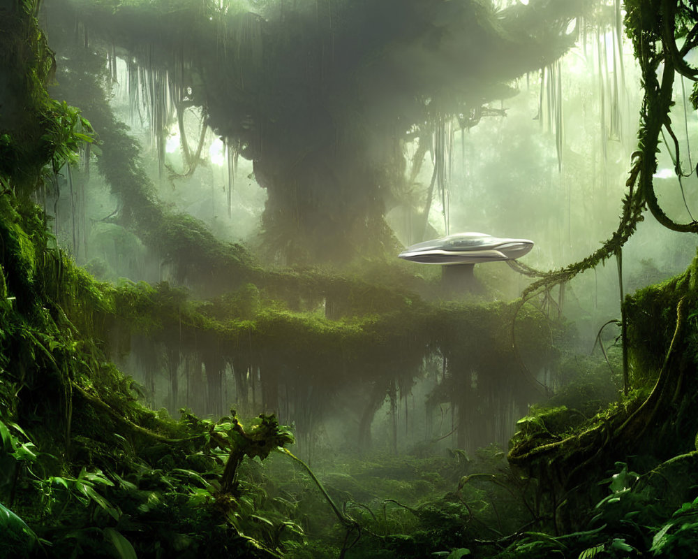 Futuristic disc-shaped vehicle in lush, misty forest