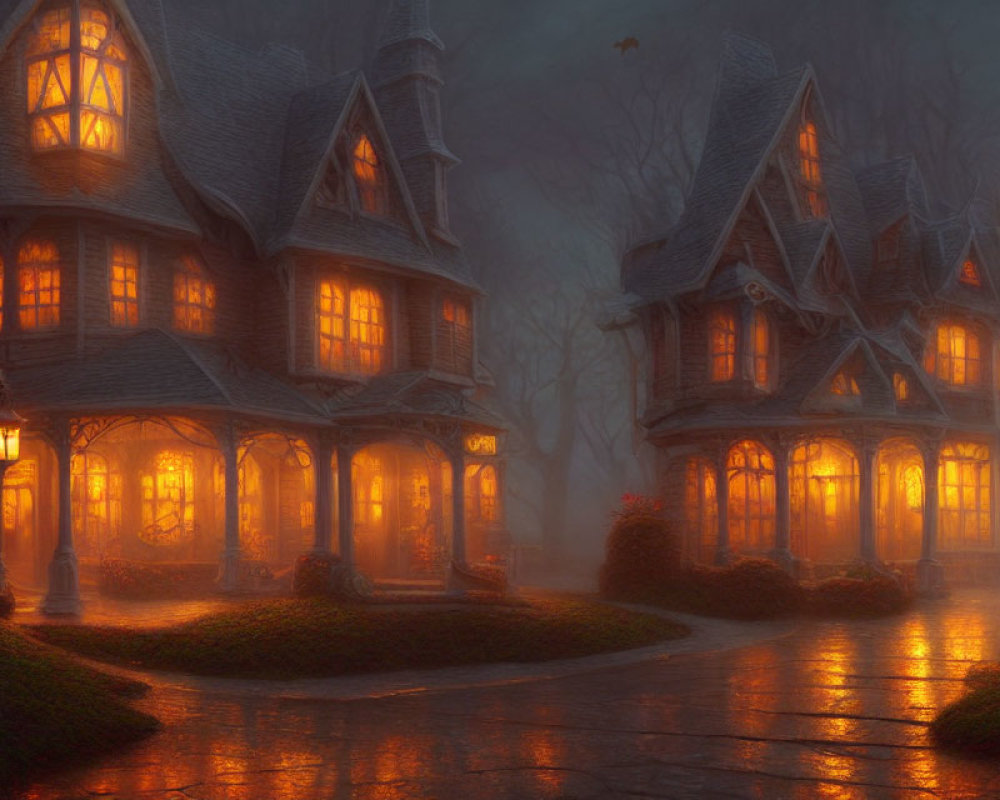 Victorian-style houses in misty evening with warm light and flying bat