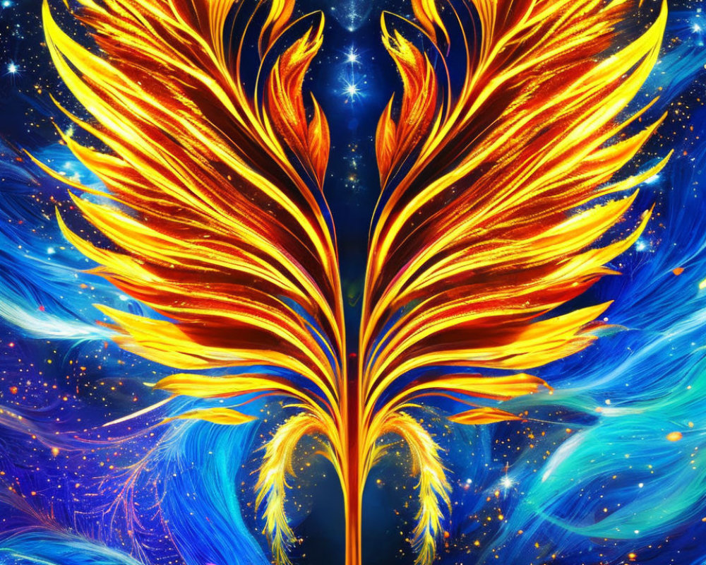 Vibrant digital artwork: Fiery golden wings on cosmic blue with stars