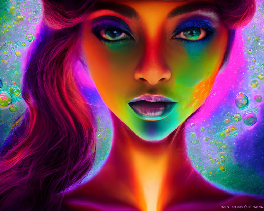 Colorful digital artwork of woman with neon glow and floating bubbles