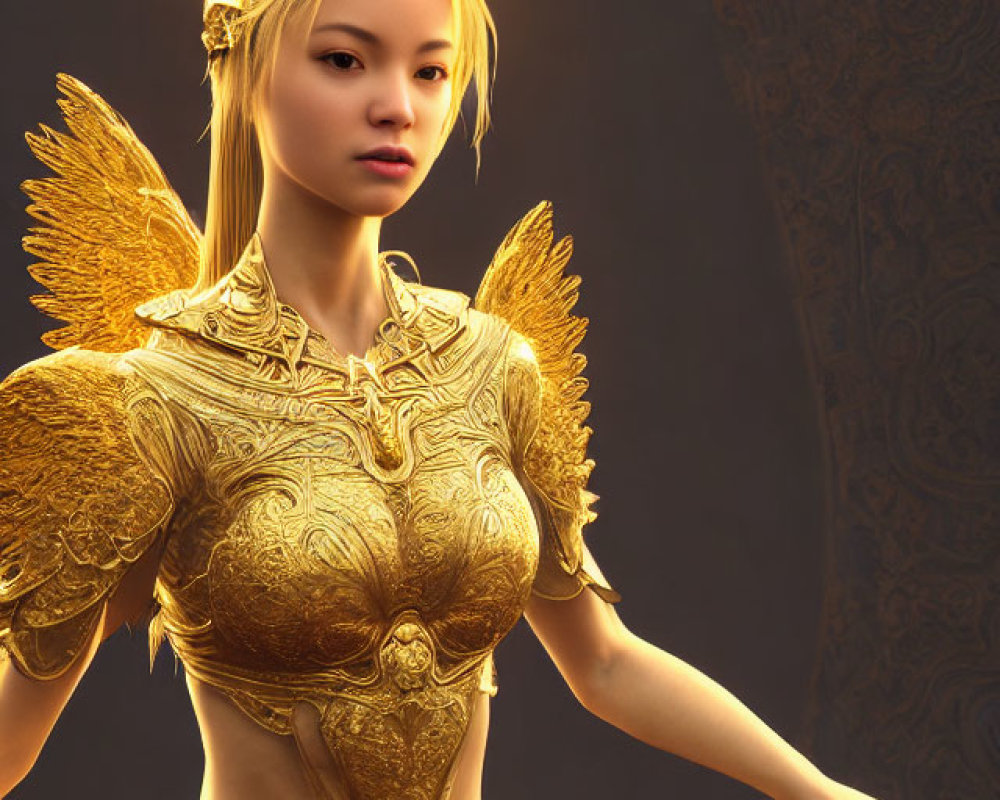 Digital artwork featuring woman in golden angelic armor and wings on dark ornate background