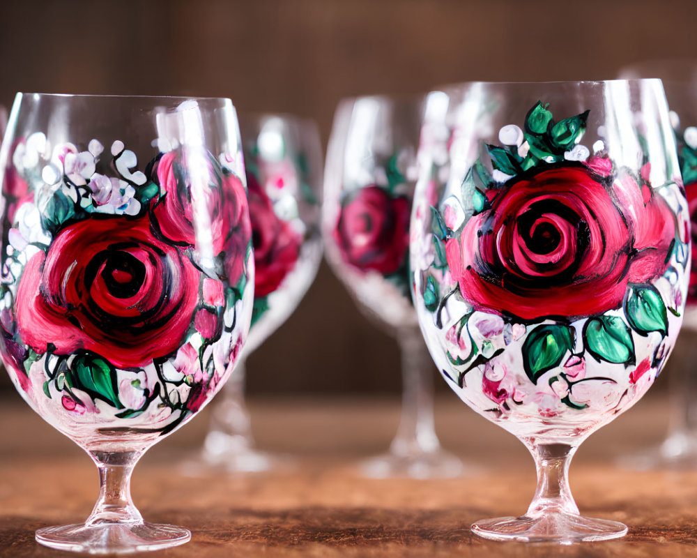 Vibrant red rose hand-painted wine glasses on wooden surface