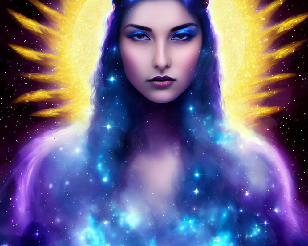 Mystical woman with crown in cosmic energy and stars