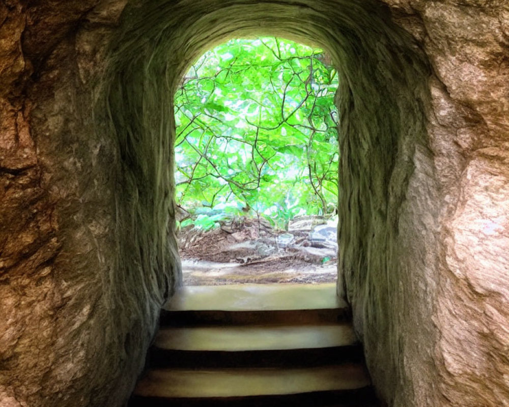 Stone tunnel with steps to lush green forest and sunlight filtering through leaves