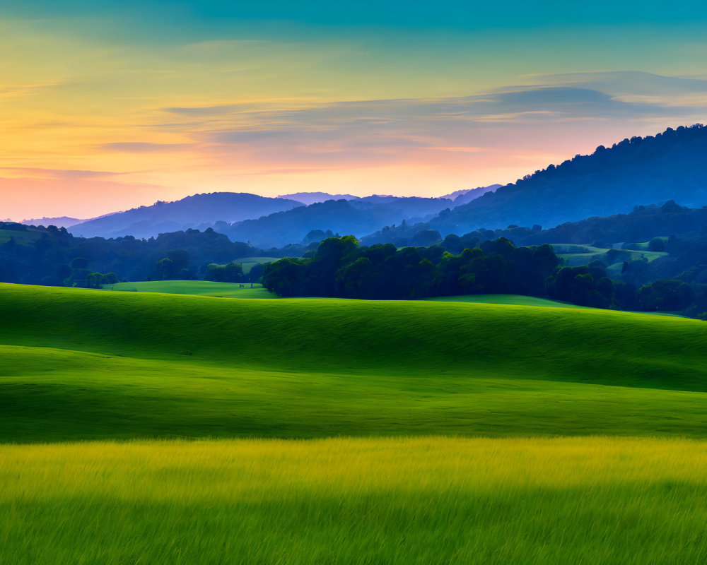 Vibrant sunset sky over verdant rolling hills and lush trees