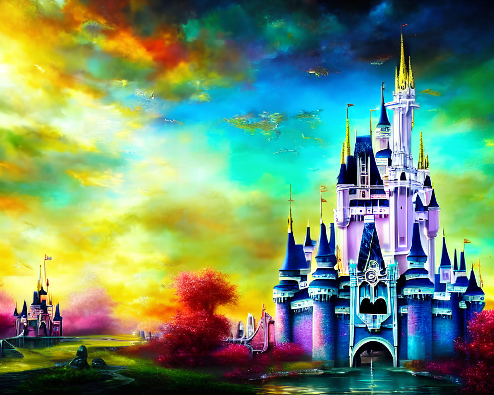 Colorful fantasy castle against vibrant sky and lush surroundings.