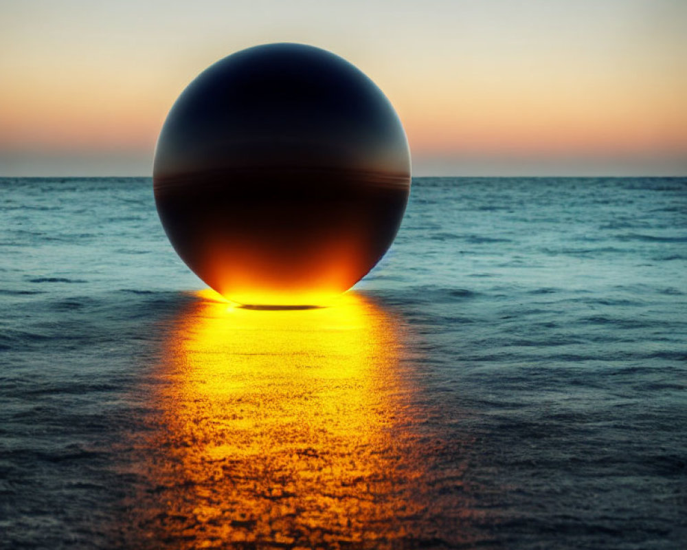 Golden sunset reflection on beach sphere.