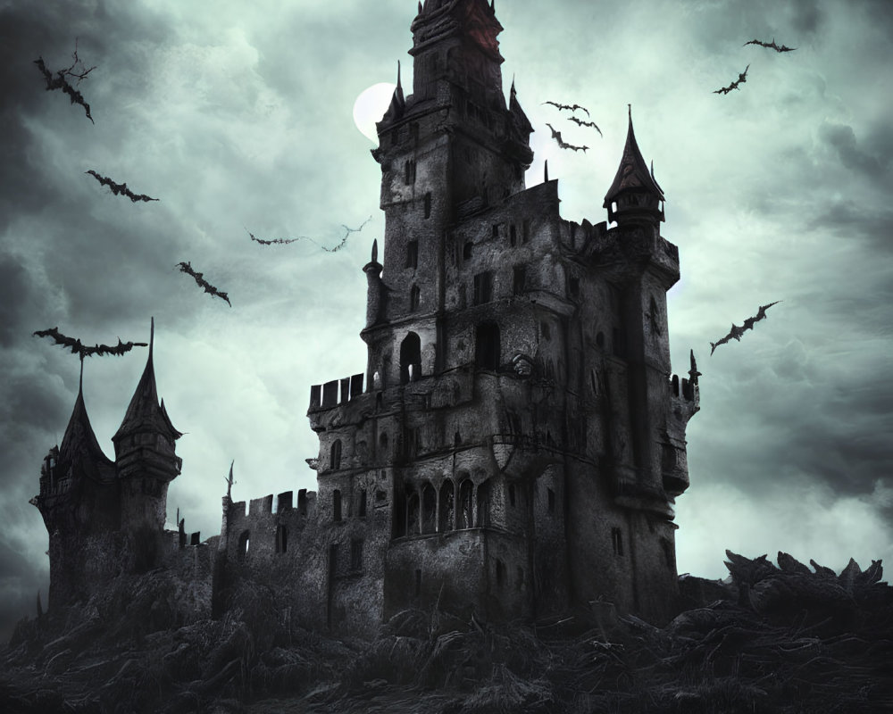 Gothic castle under gloomy sky with full moon and flying bats