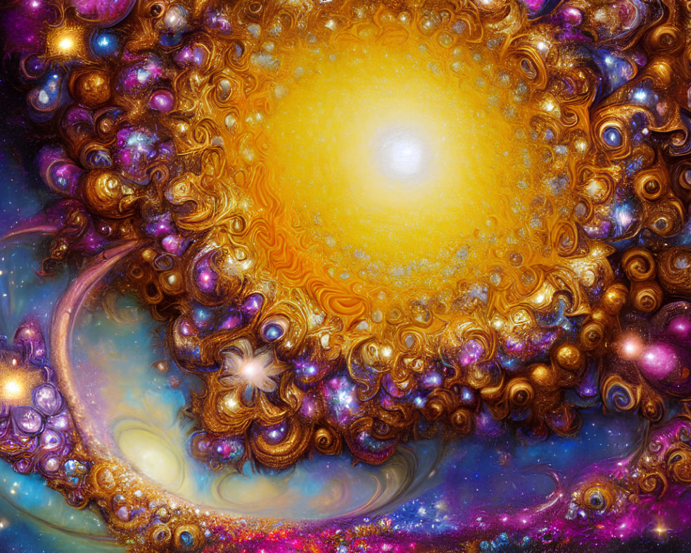 Swirling Cosmic Scene with Golden Hues and Jewel-like Clusters