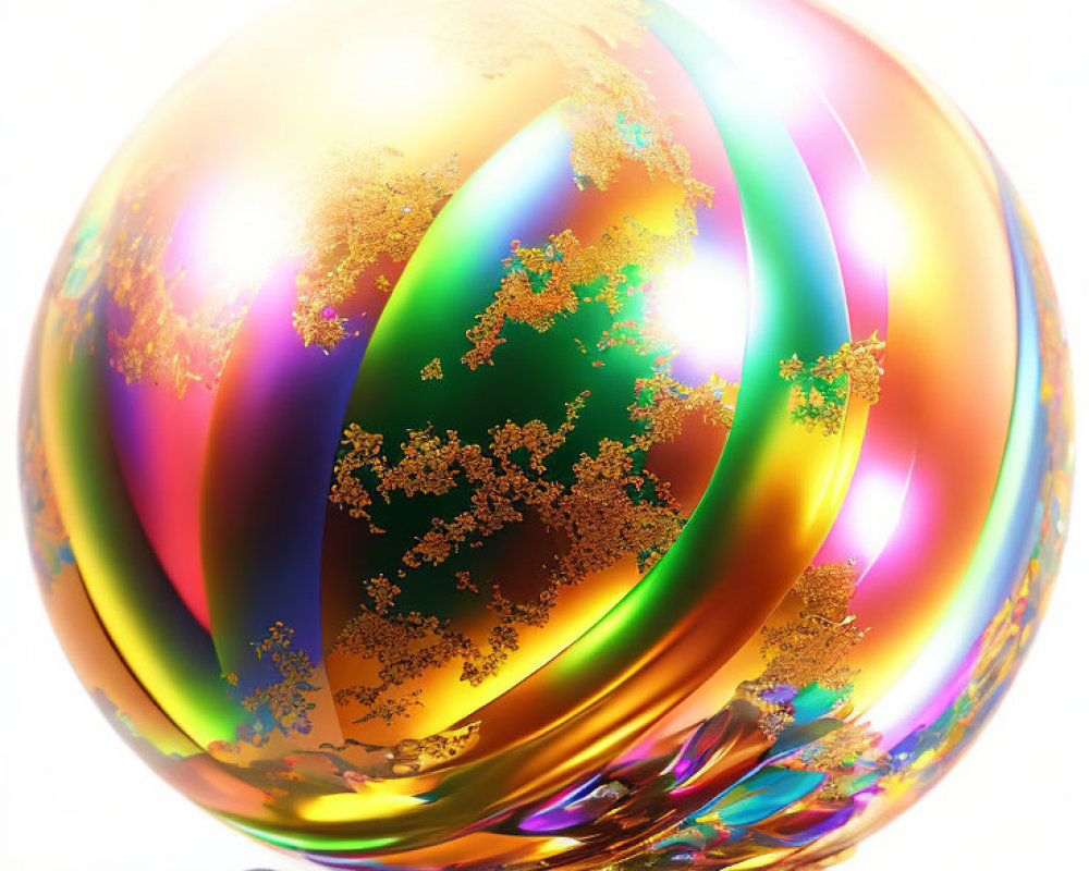 Iridescent Crystal Ball on Gold Stand with Colorful Orbs