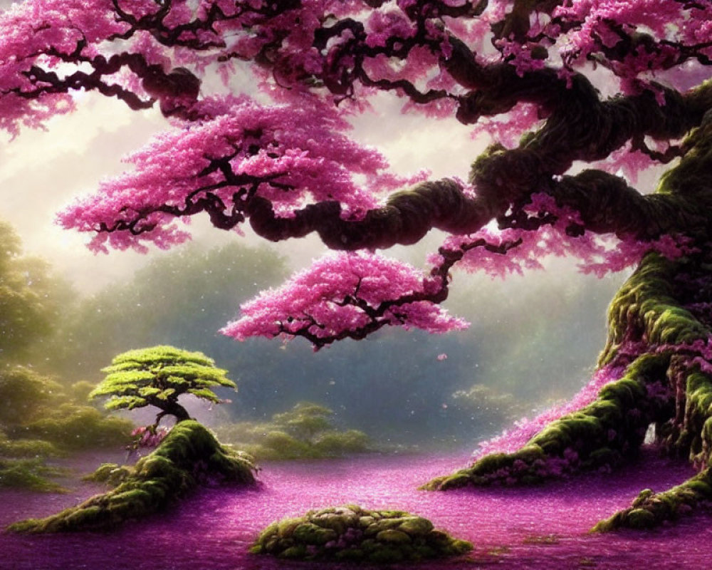 Vibrant pink cherry blossom trees in mystical forest setting