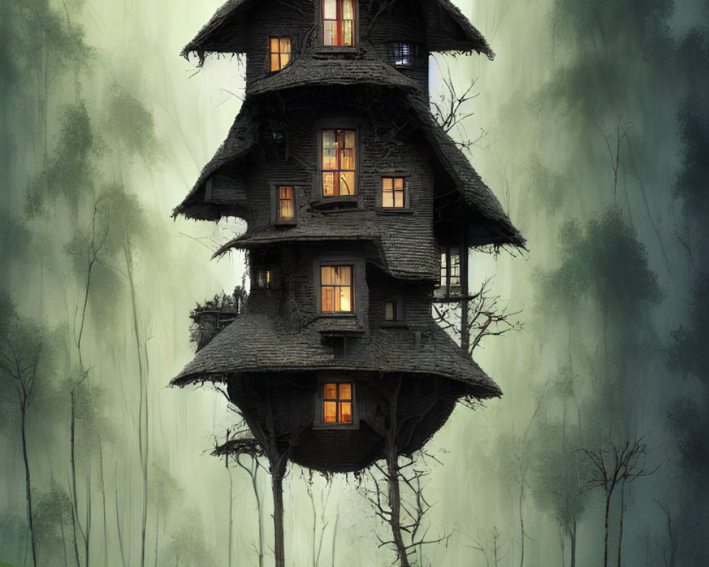 Multi-story fantasy house on slender tree in misty forest clearing