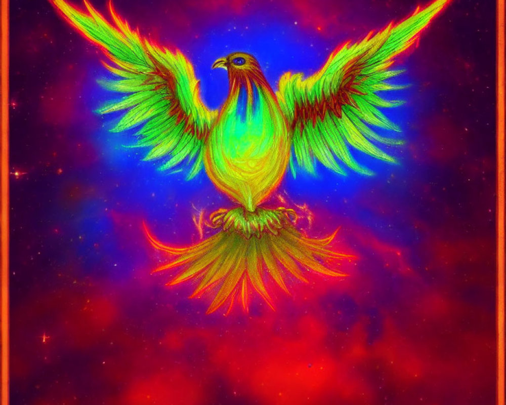 Colorful Phoenix Illustration with Neon Hues and Cosmic Background