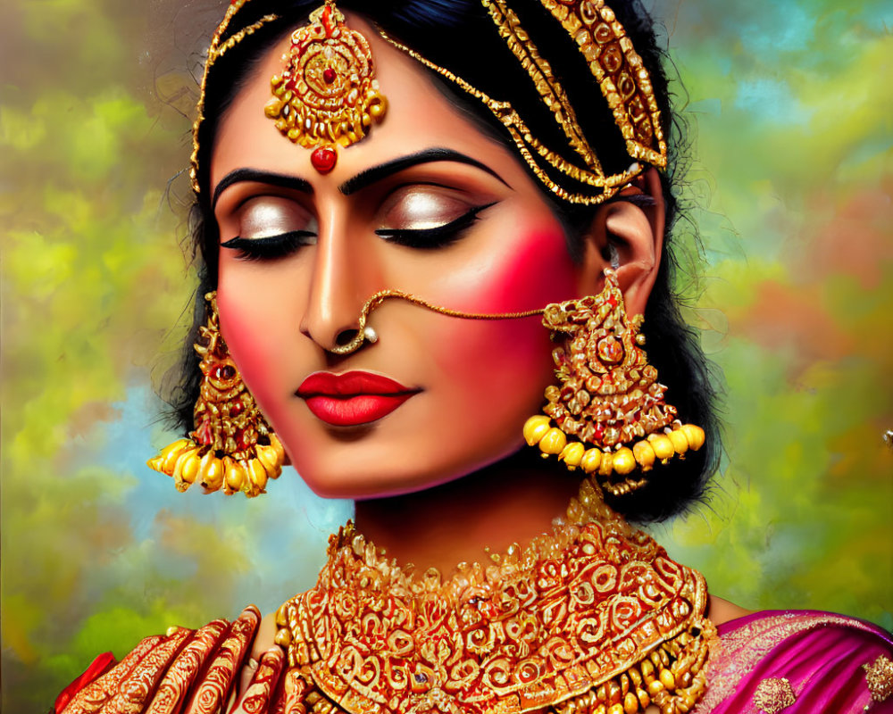 Elaborate Gold Jewelry on Woman in Traditional Indian Attire