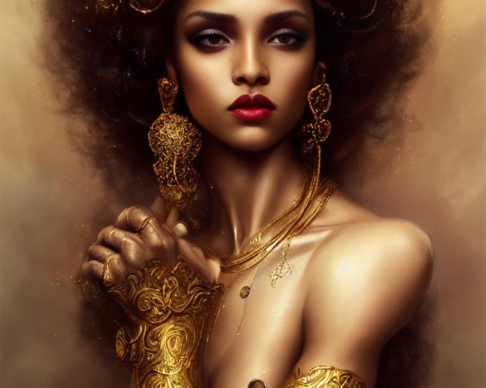 Intricate golden jewelry on woman against warm background