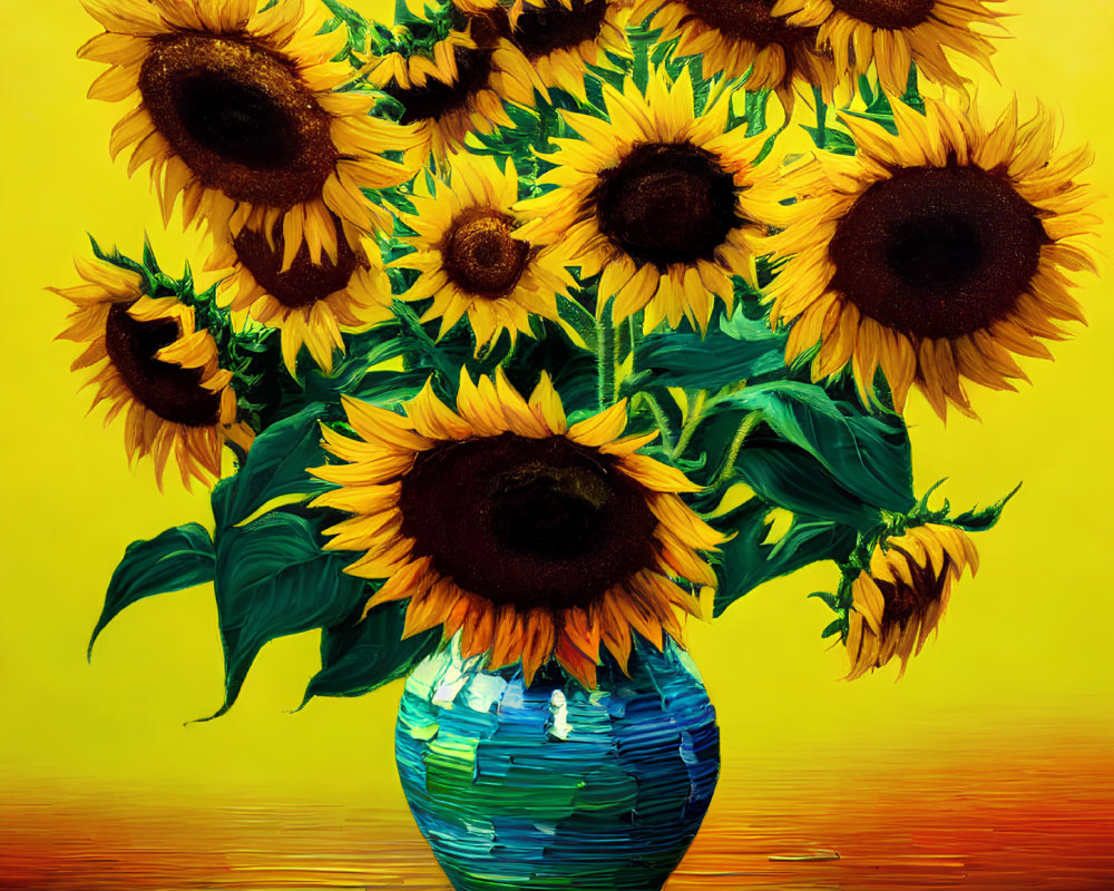 Colorful Sunflower Bouquet Painting on Yellow Background